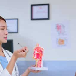 ENT provider showing a model of the ENT system to a patient