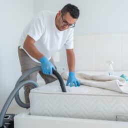 Man Cleaning Bed From Dirt And Bacteria